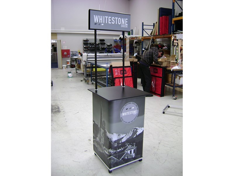 Presenter 600 Table full branded with header board on trolley