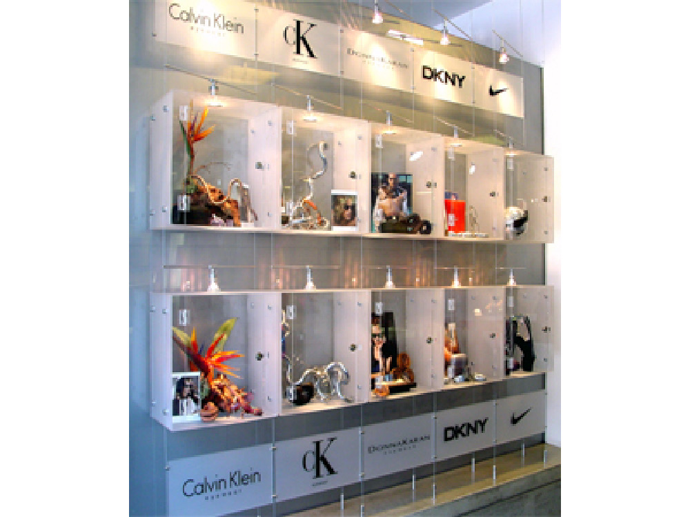 Suspended Shelving Display Systems, Lucite Cubes Shelving