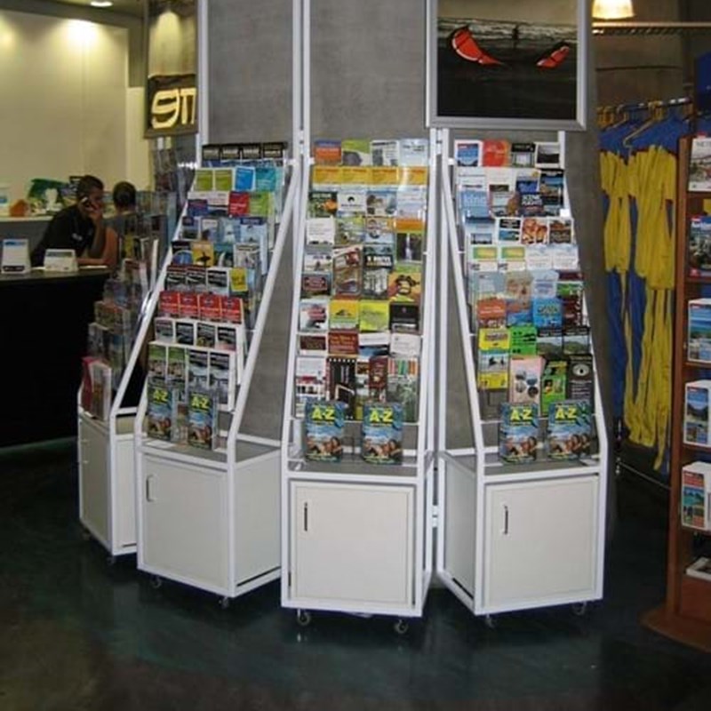 Customised-magazine-and-brochure-stands on castors
