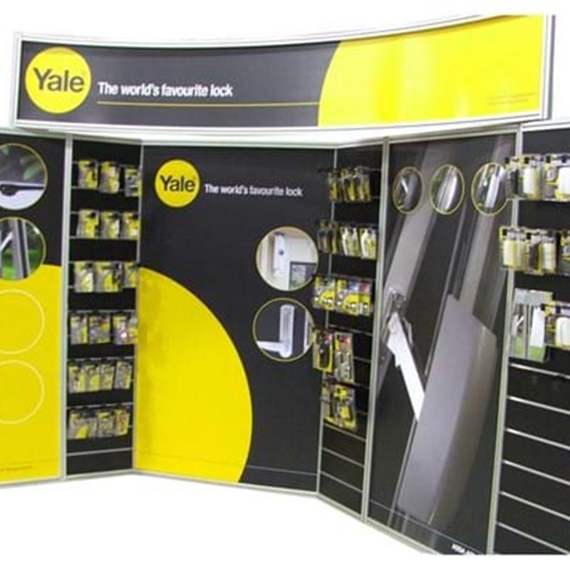 Mall display with slat wall and posters